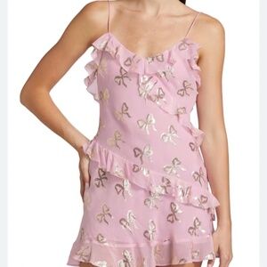 LoveShackFancy Lomina Silk metallic bow pink ruffle mini dress NWT